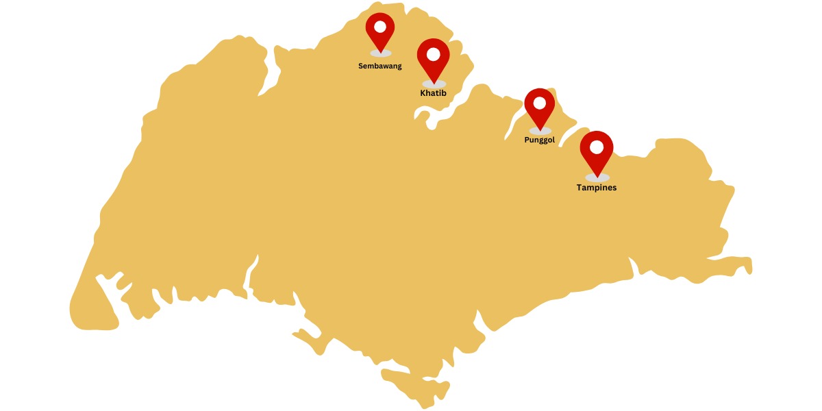 Map of Singapore showing Bespoke Learning Centre locations in Sembawang, Khatib, Punggol and Tampines